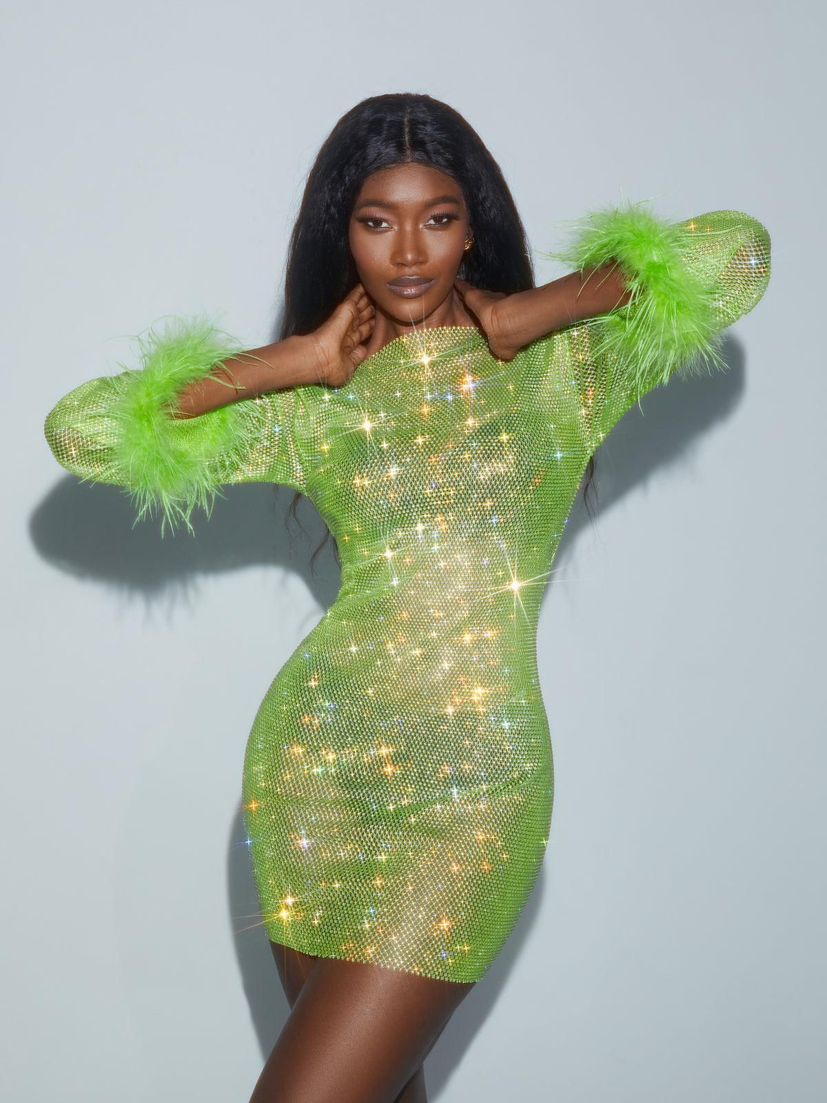 Aliyah Mesh Diamond Feather Mini Dress In Green sold by Mew Mews product image thumbnail 3