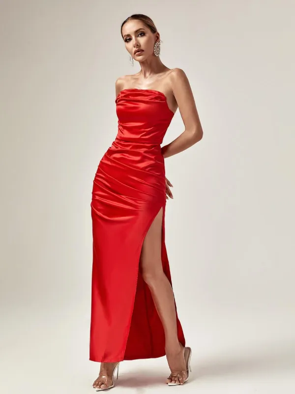 Althea Strapless Satin Split Maxi Dress In Red sold by Mew Mews