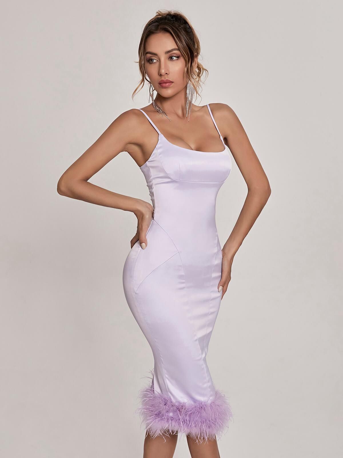 Liv Satin Feather Trim Bodycon Midi Dress In Violet sold by Mew Mews product image thumbnail 4