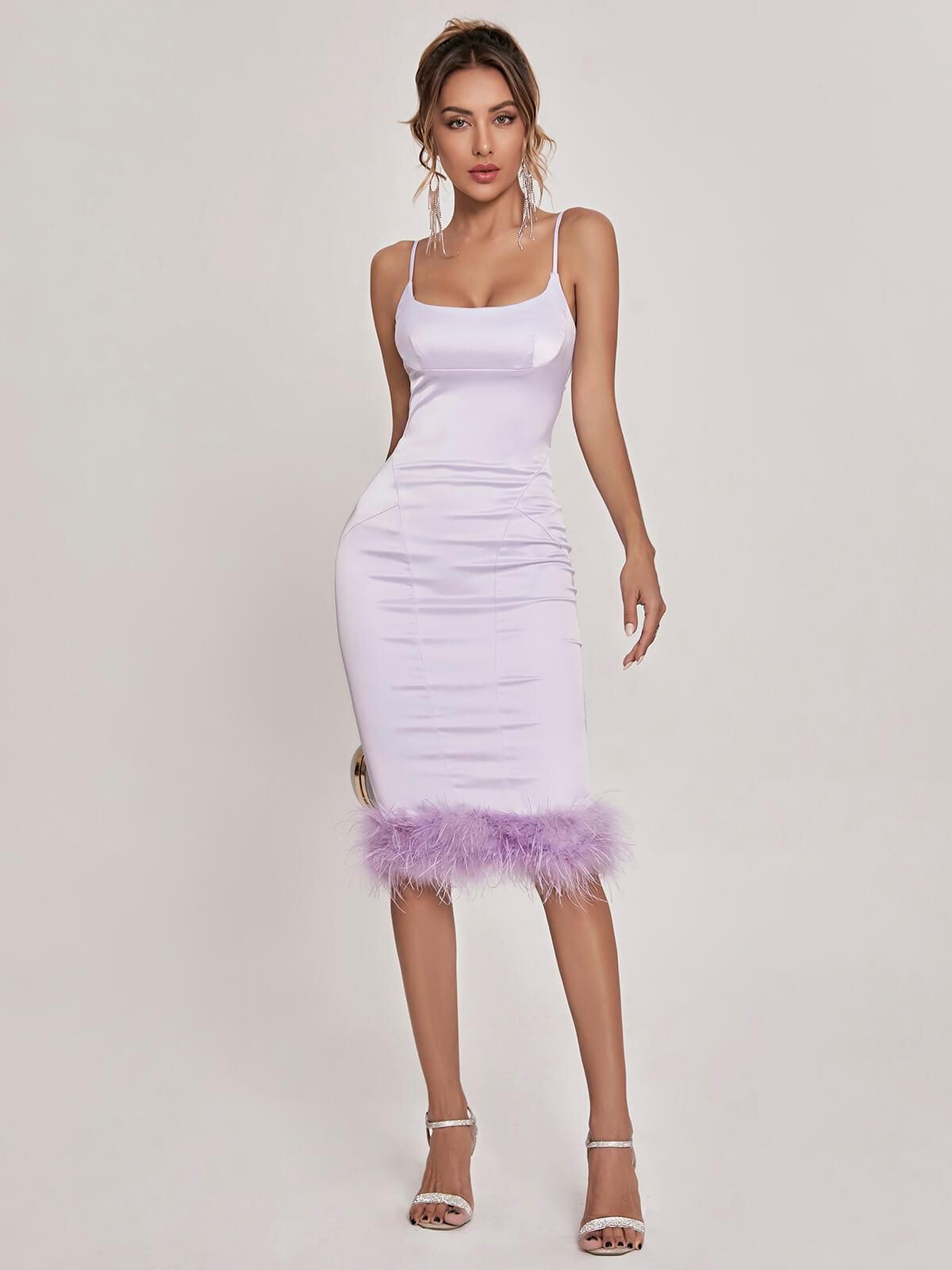 Liv Satin Feather Trim Bodycon Midi Dress In Violet sold by Mew Mews product image thumbnail 3