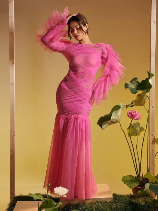 Lorraine Long Sleeve Ruched Mesh Maxi Dress sold by Mew Mews