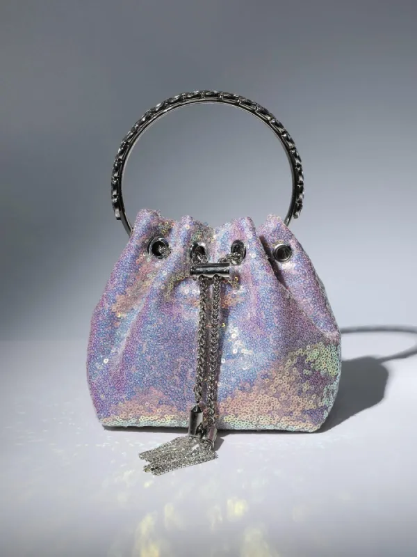 Mattea Crystal Embellished Sequin Bucket Bag In Lilac sold by Mew Mews