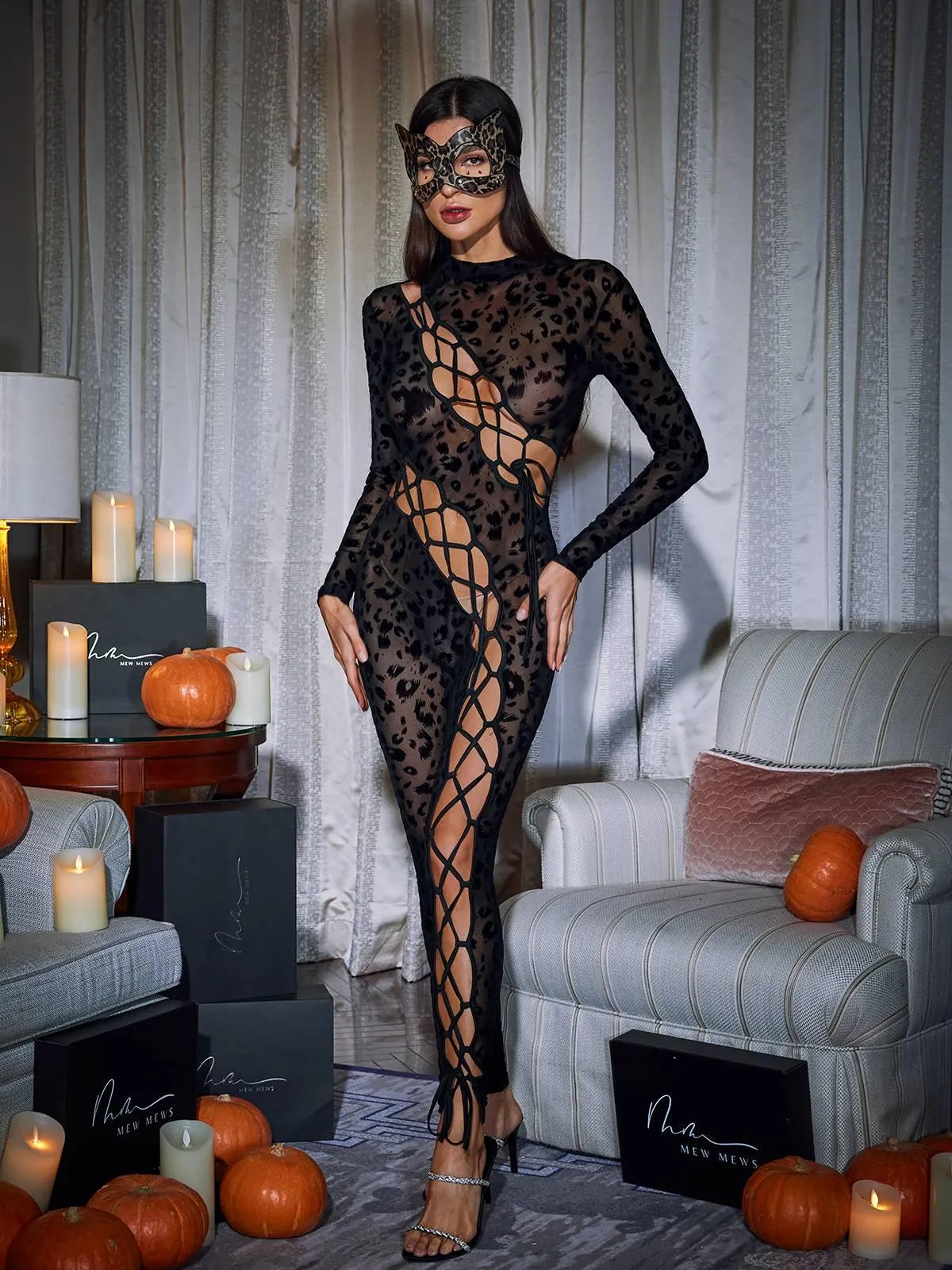 Bopo Lace Up Leopard Printed Mesh Jumpsuit sold by Mew Mews product image thumbnail 5