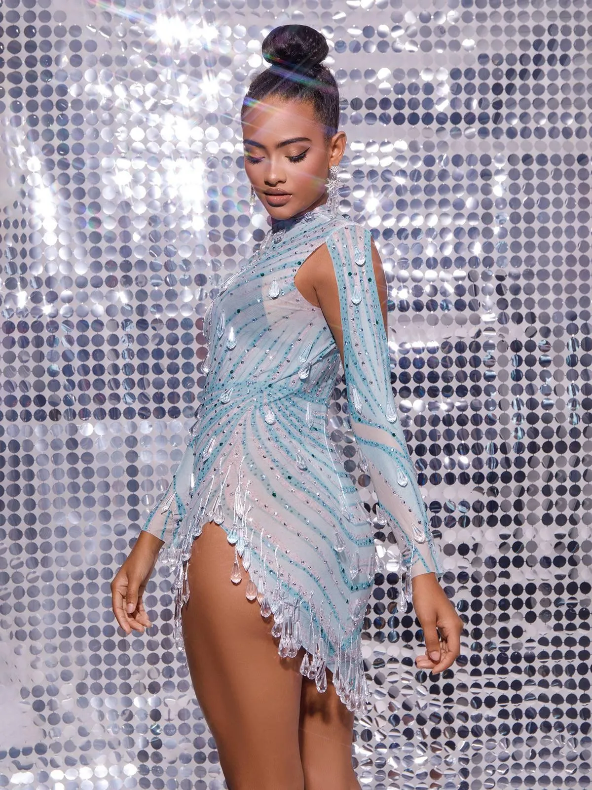 Crew Long Sleeve Embellished Mini Dress In Light Nude & Teal sold by Mew Mews product image thumbnail 3