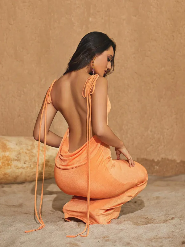 Egypt Backless Maxi Dress In Orange sold by Mew Mews
