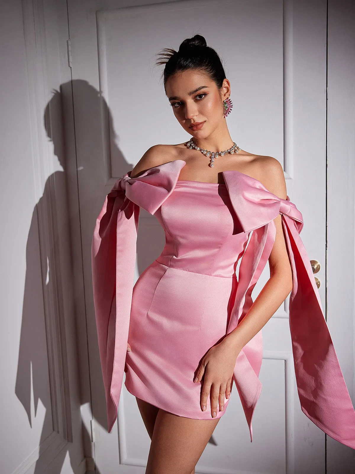 Camerin Off Shoulder Bow Satin Mini Dress sold by Mew Mews product image thumbnail 4