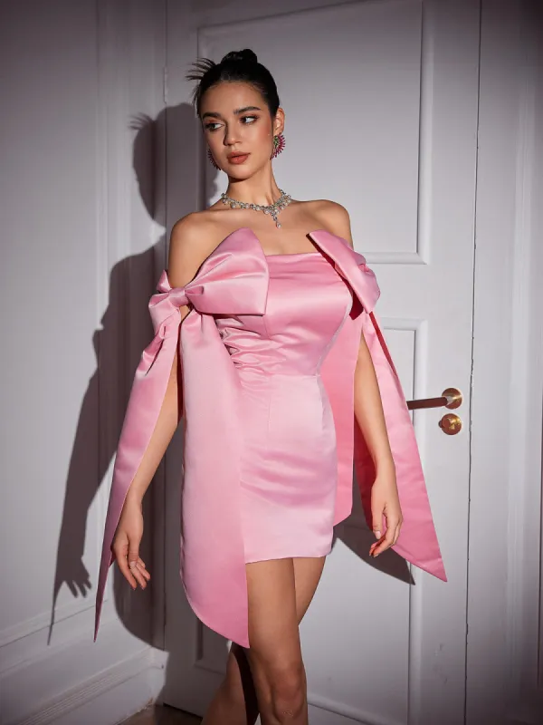 Camerin Off Shoulder Bow Satin Mini Dress sold by Mew Mews