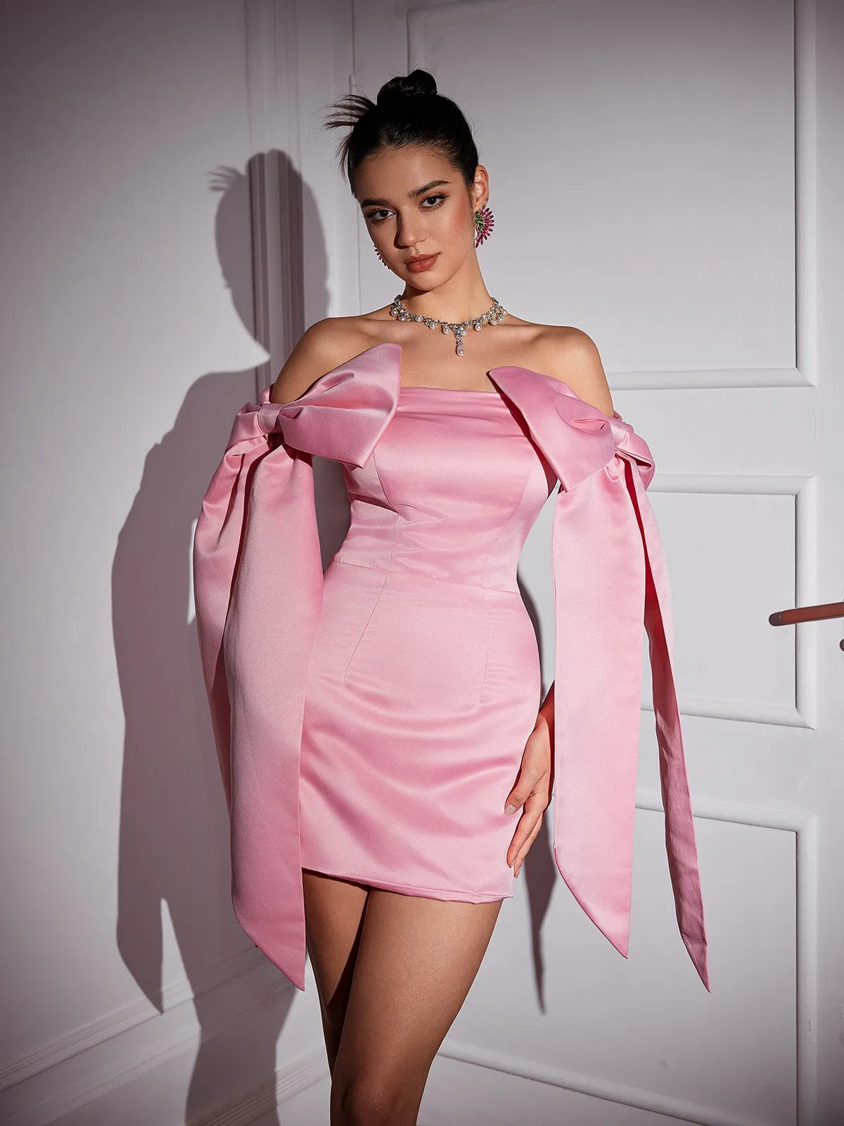 Camerin Off Shoulder Bow Satin Mini Dress sold by Mew Mews product image thumbnail 3