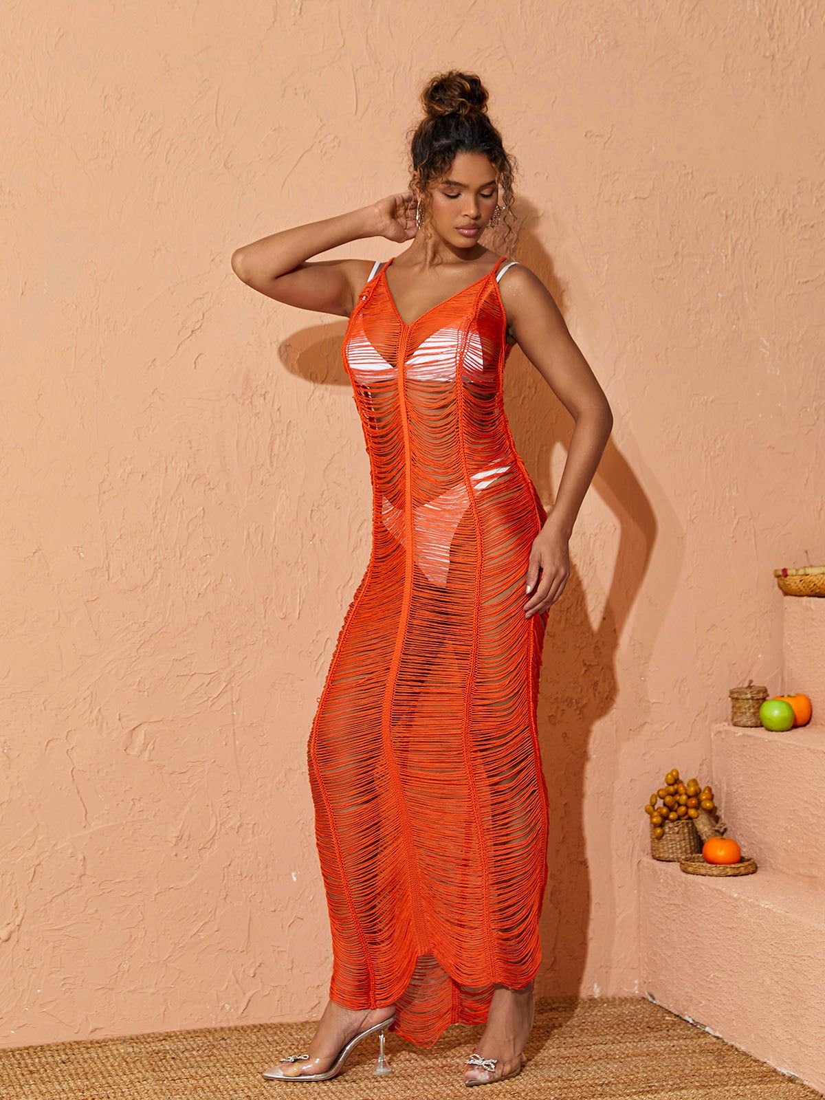 Sevilla V Neck Knitted Maxi Dress In Orange sold by Mew Mews product image thumbnail 5