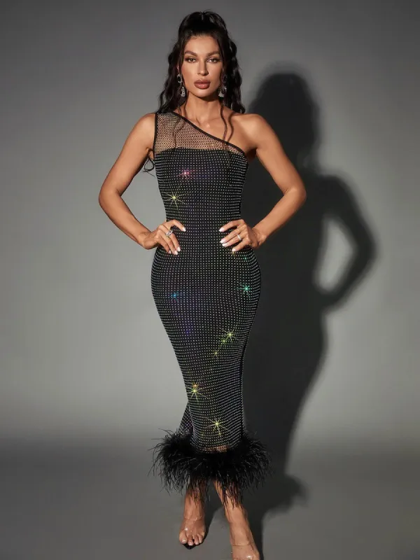 Bowie Mesh Diamond Feather Bandage Dress made by Mew Mews