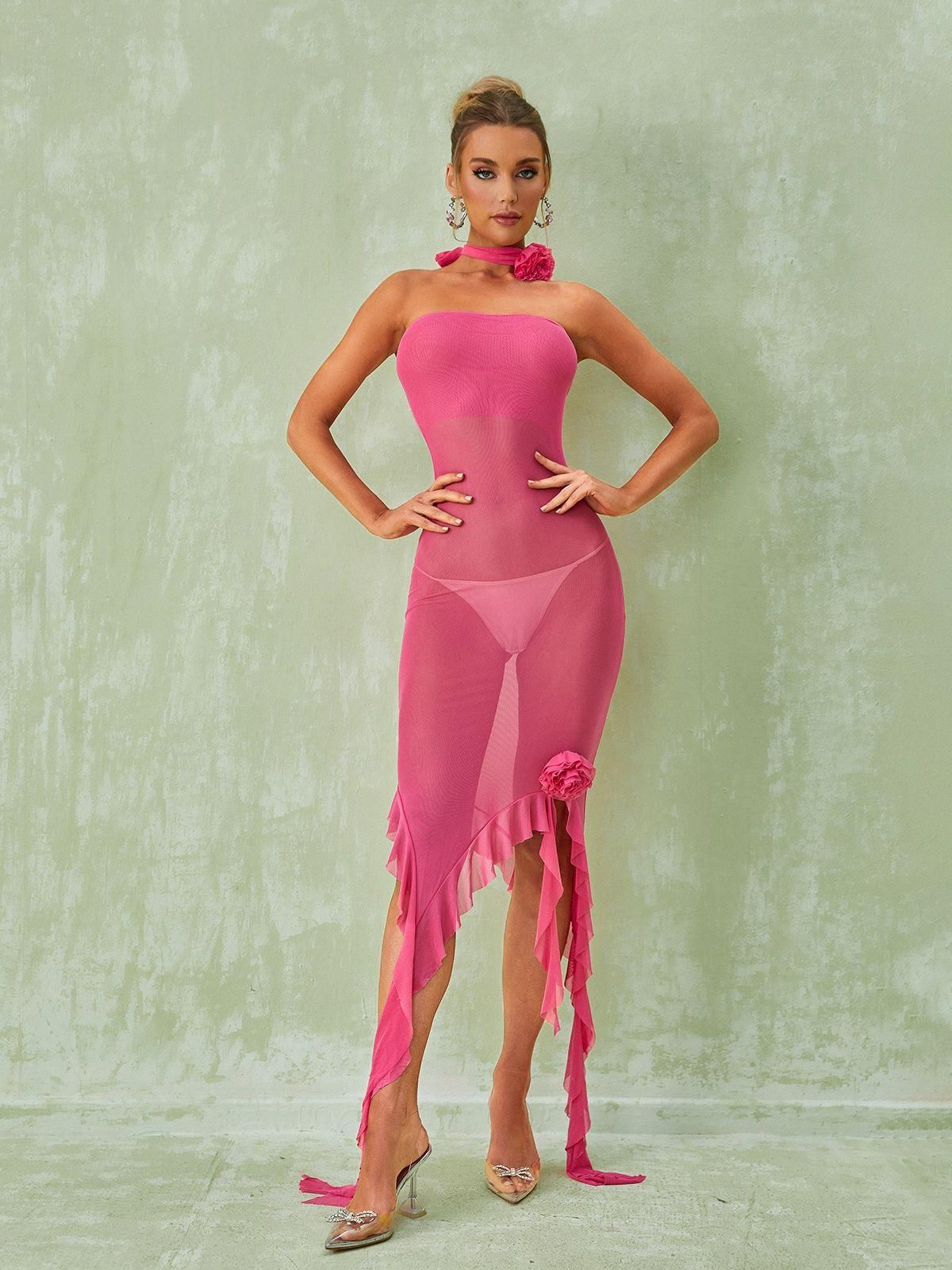 Berry Ruffle Flower Mesh Dress In Hot Pink sold by Mew Mews product image thumbnail 5