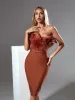 Darby Strapless Feather Bandage Dress In Brown sold by Mew Mews