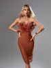 Darby Strapless Feather Bandage Dress In Brown sold by Mew Mews