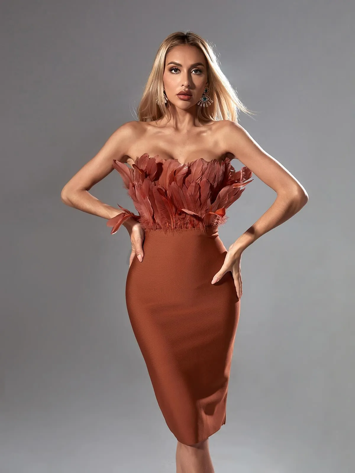 Darby Strapless Feather Bandage Dress In Brown sold by Mew Mews product image thumbnail 2