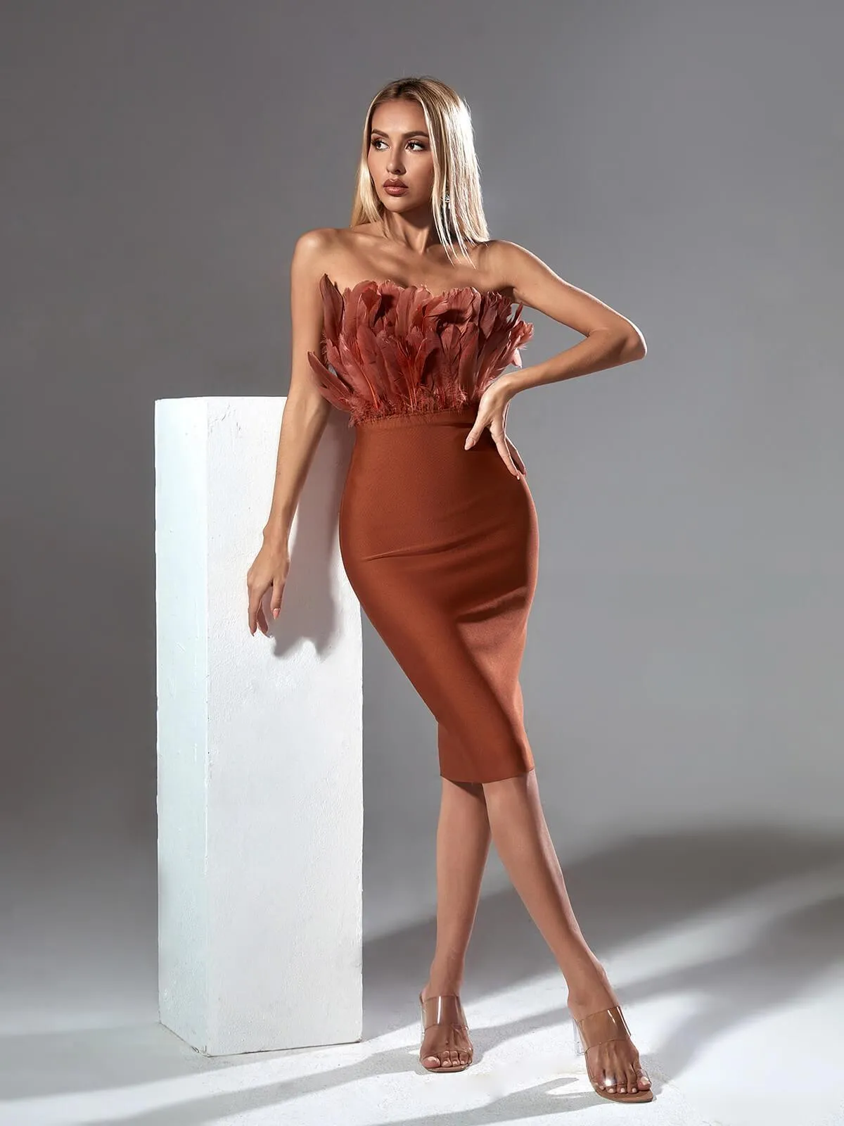 Darby Strapless Feather Bandage Dress In Brown sold by Mew Mews product image thumbnail 4