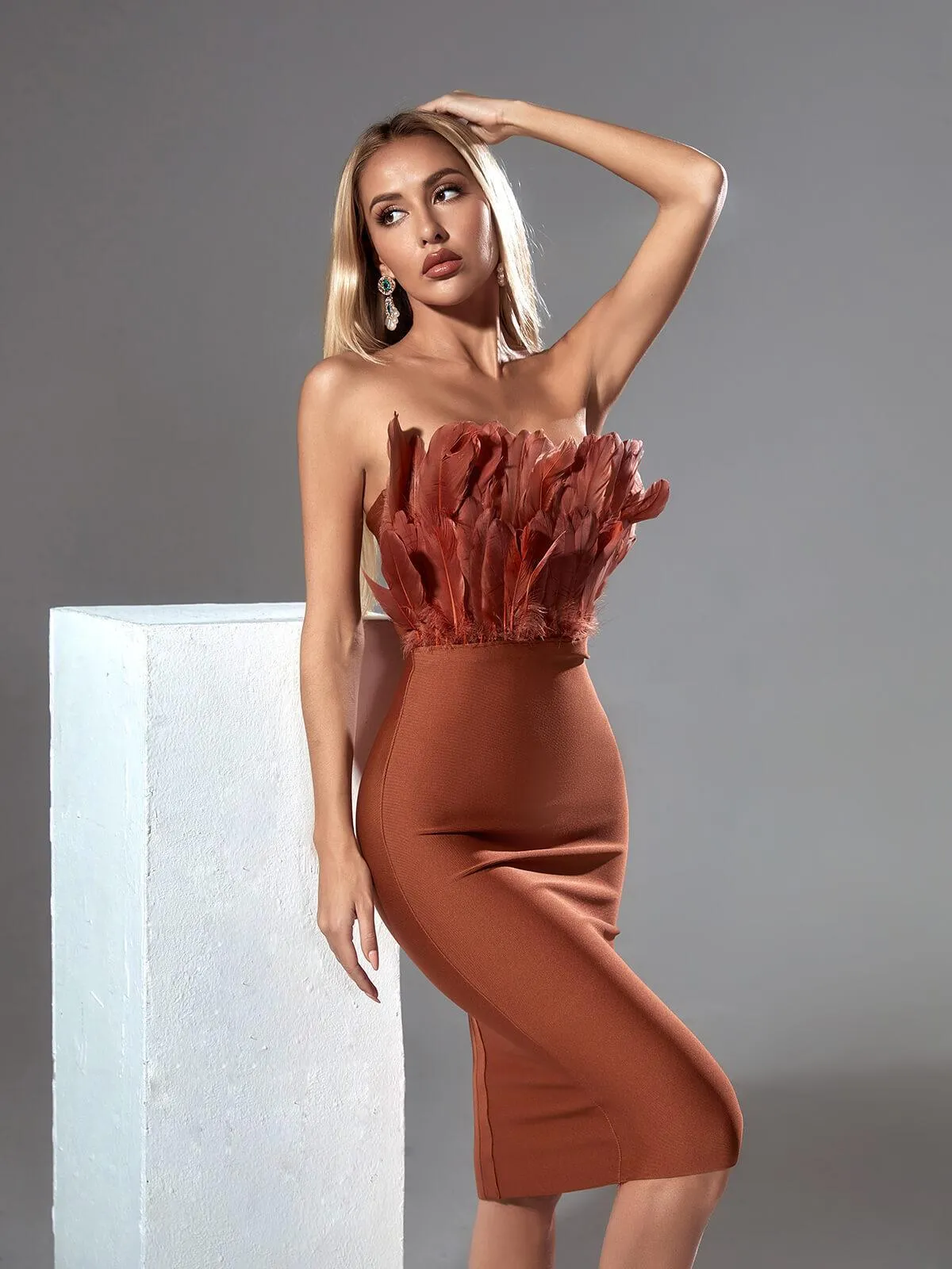 Darby Strapless Feather Bandage Dress In Brown sold by Mew Mews