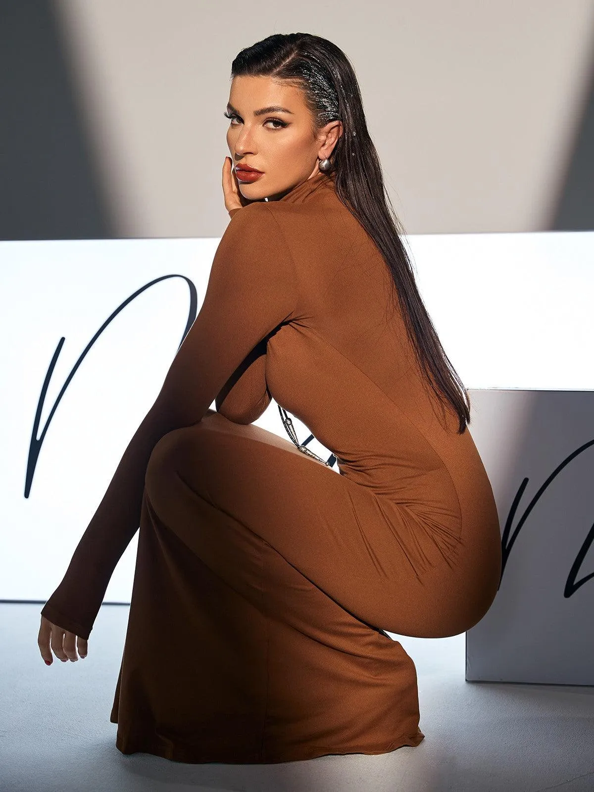 Hal Long Sleeve Mermaid Maxi Dress In Brown sold by Mew Mews product image thumbnail 5