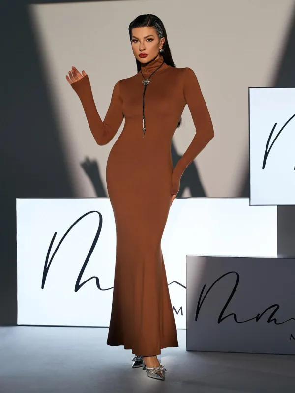 Hal Long Sleeve Mermaid Maxi Dress In Brown sold by Mew Mews