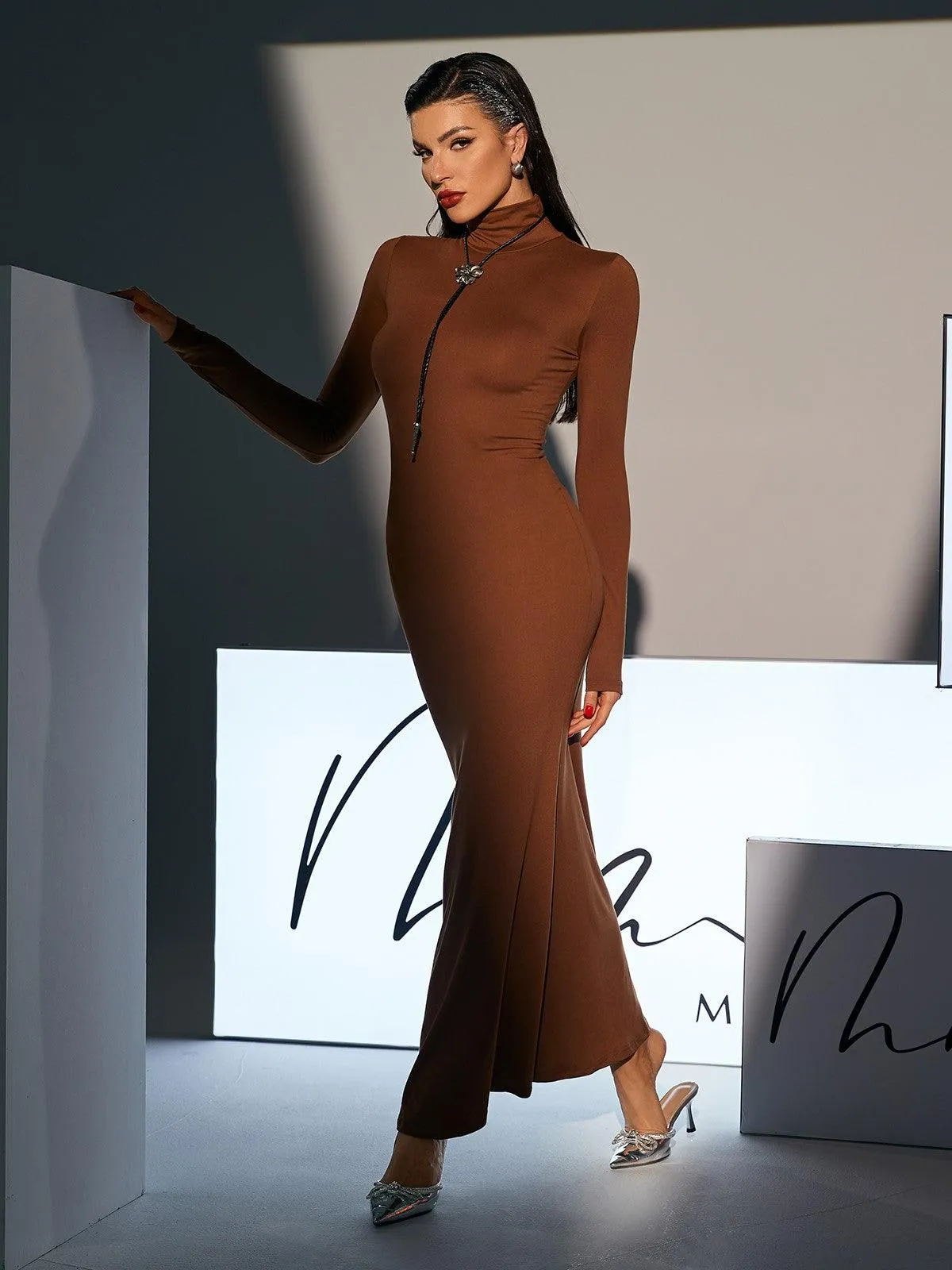Hal Long Sleeve Mermaid Maxi Dress In Brown sold by Mew Mews product image thumbnail 4