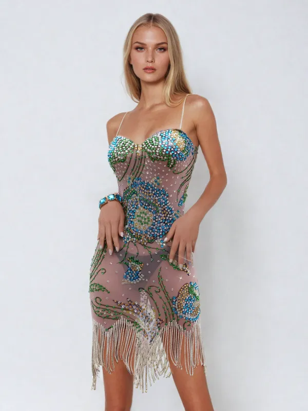 Ever Rhinestone Fringe Floral Dress made by Mew Mews