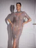 Aisha Mid Sleeve Crystal Chain Fringe Maxi Dress sold by Mew Mews