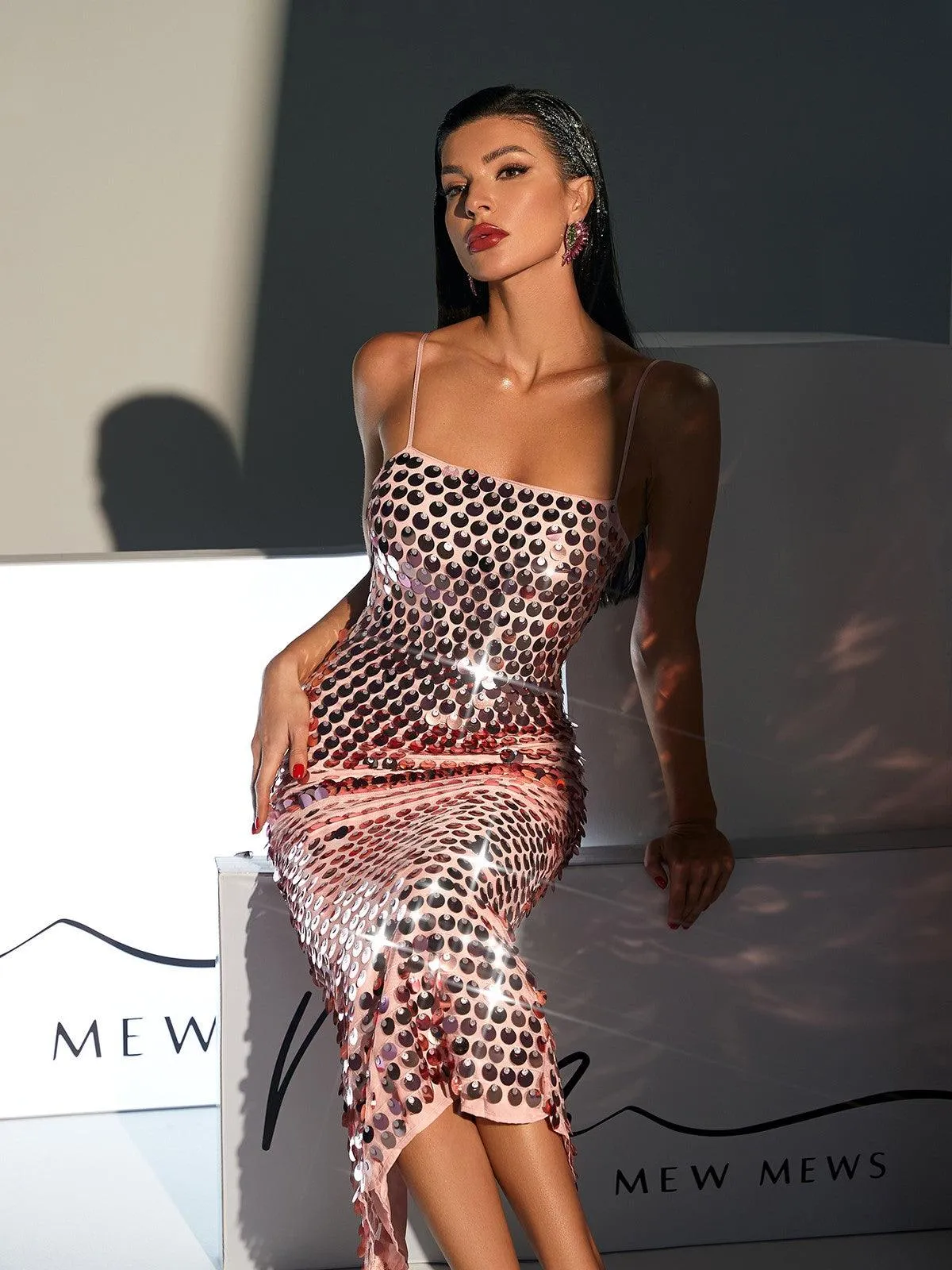 Eyre Spaghetti Sequin Midi Dress In Pink sold by Mew Mews product image thumbnail 2