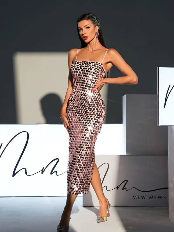 Eyre Spaghetti Sequin Midi Dress In Pink sold by Mew Mews