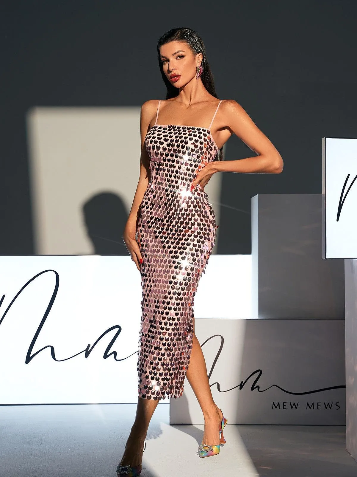 Eyre Spaghetti Sequin Midi Dress In Pink sold by Mew Mews