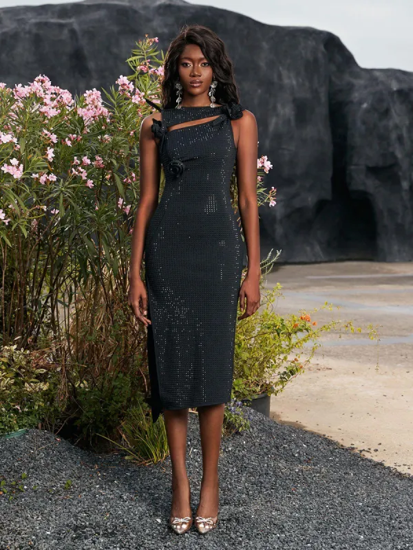 Hecate Flower Embellished Bandage Midi Dress In Black sold by Mew Mews