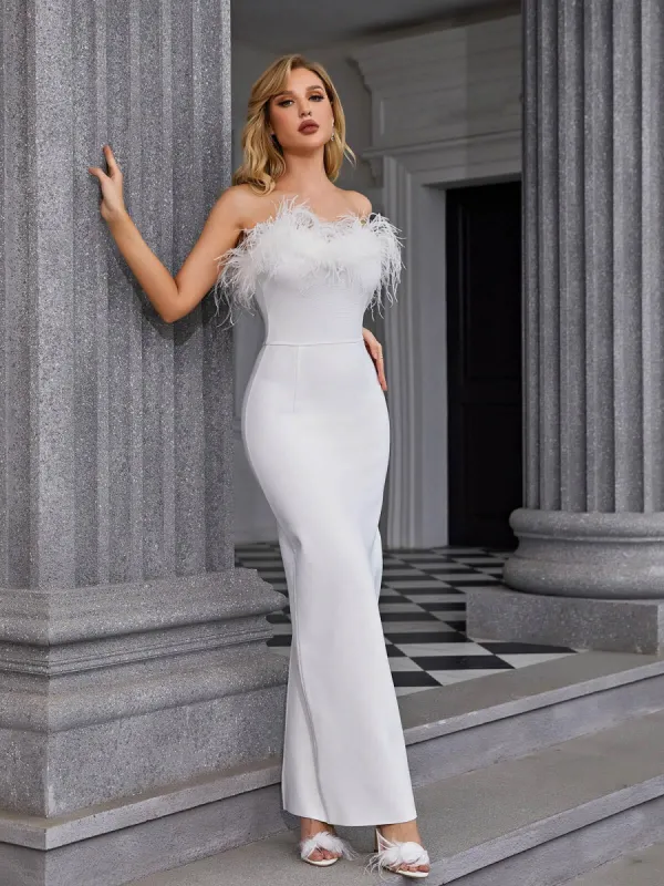 Mina Strapless Feather Trimmed Bandage Dress In White sold by Mew Mews