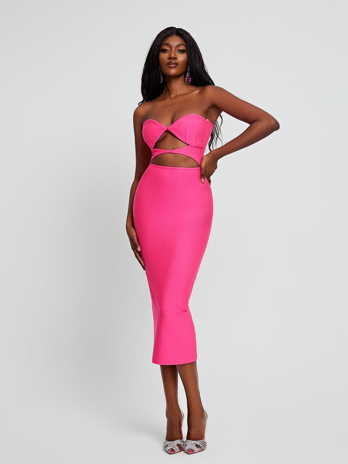 Uma Strapless Cutout Bandage Dress In Hot Pink sold by Mew Mews