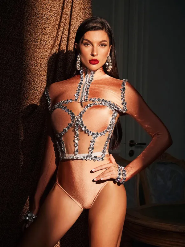 Ambra Rhinestone Corset Bodysuit Set In Nude sold by Mew Mews