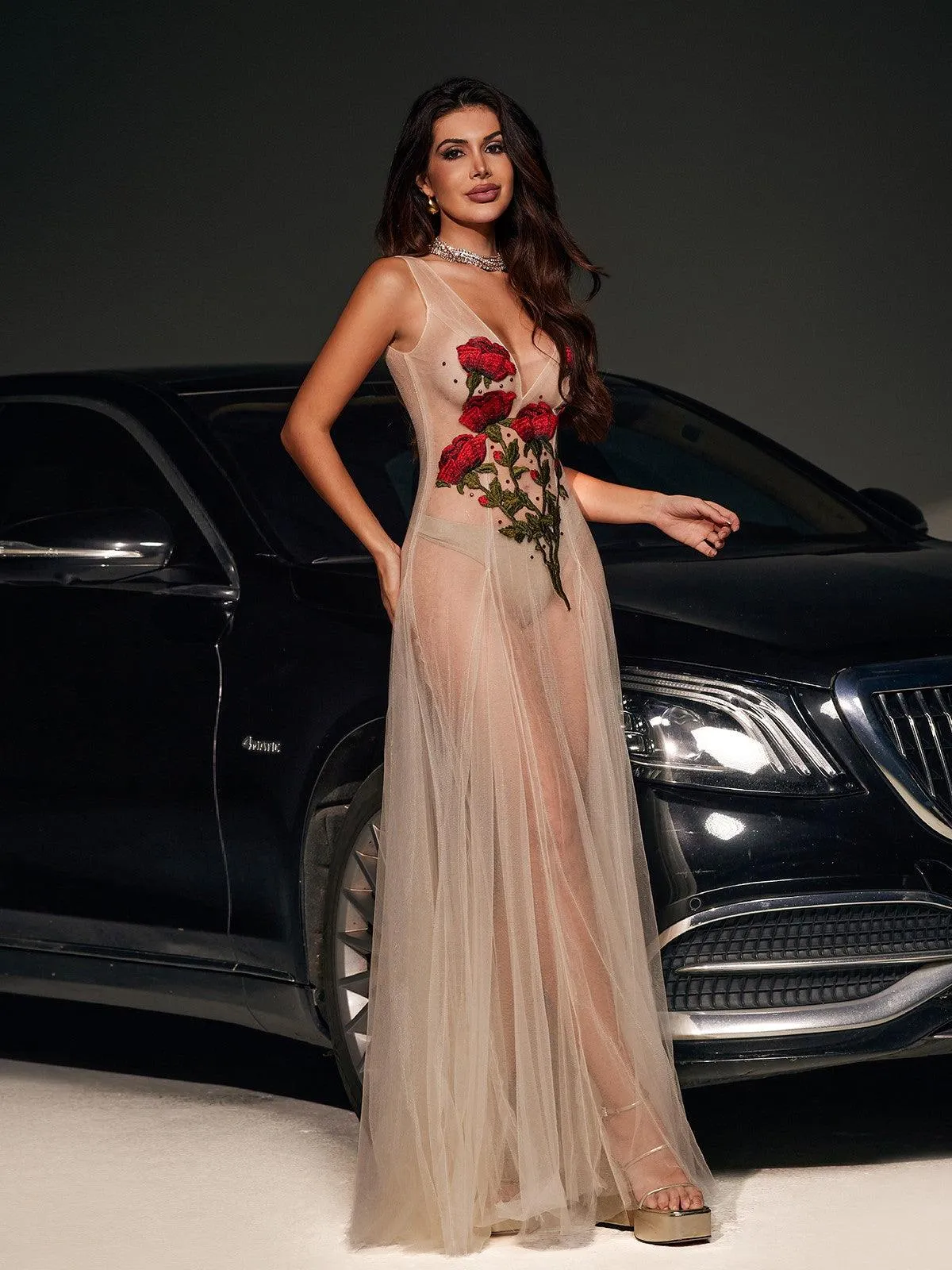 Kateri V Neck Flower Embroidered Mesh Dress sold by Mew Mews product image thumbnail 5