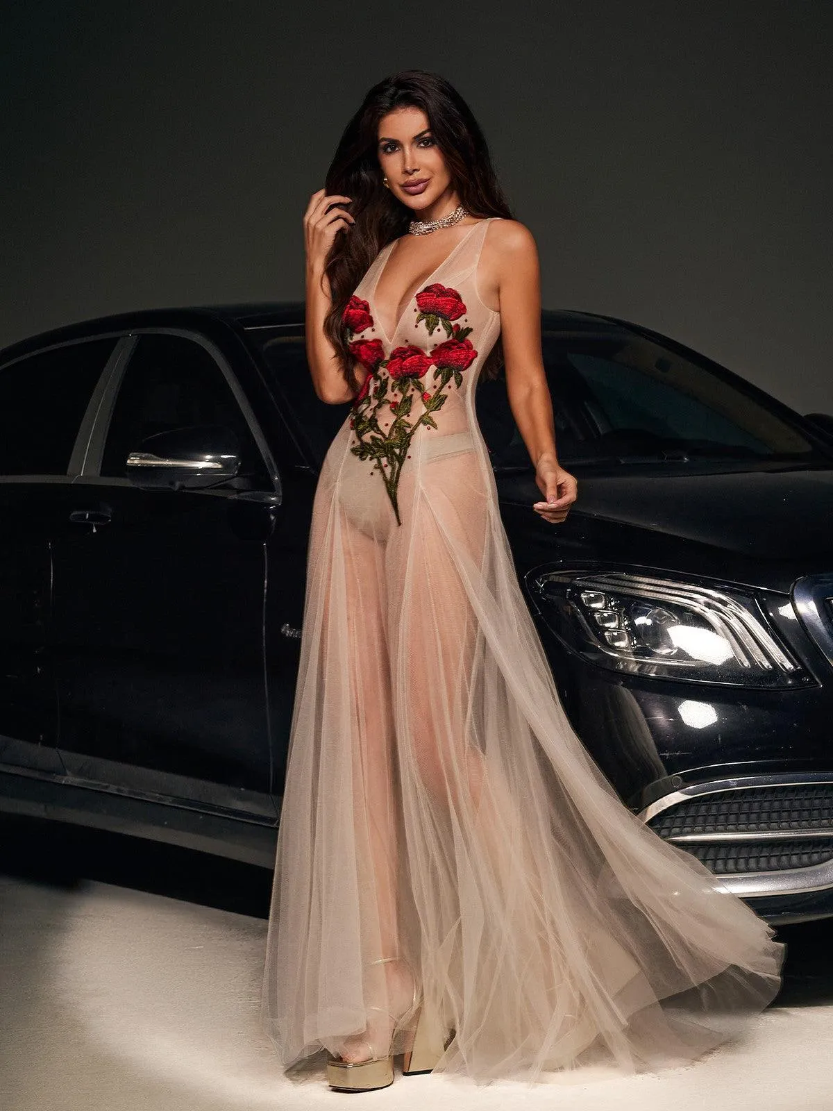 Kateri V Neck Flower Embroidered Mesh Dress sold by Mew Mews product image thumbnail 2