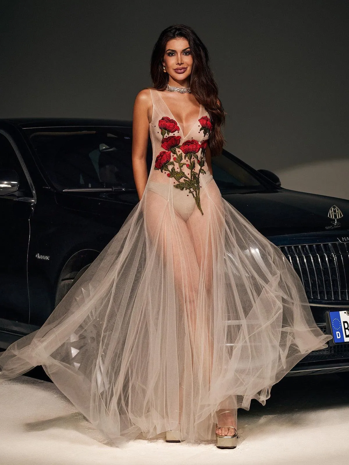 Kateri V Neck Flower Embroidered Mesh Dress sold by Mew Mews