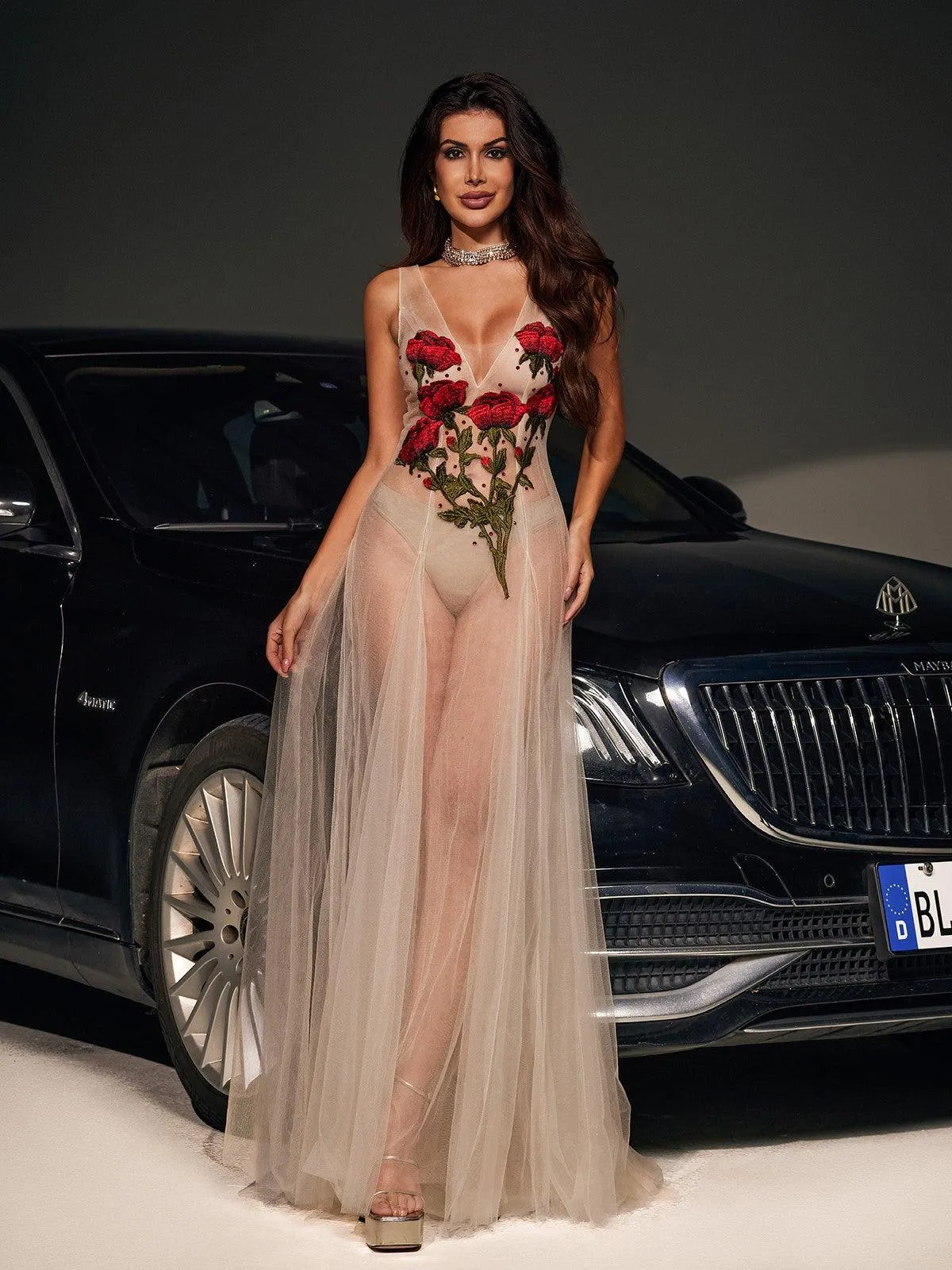 Kateri V Neck Flower Embroidered Mesh Dress sold by Mew Mews product image thumbnail 4