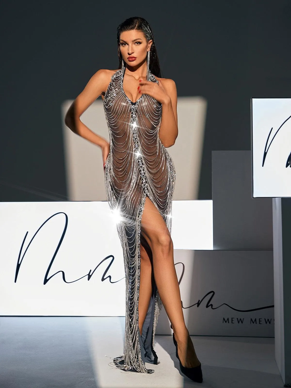 Lars Backless Crystal Fringe Mesh Maxi Dress In Black sold by Mew Mews