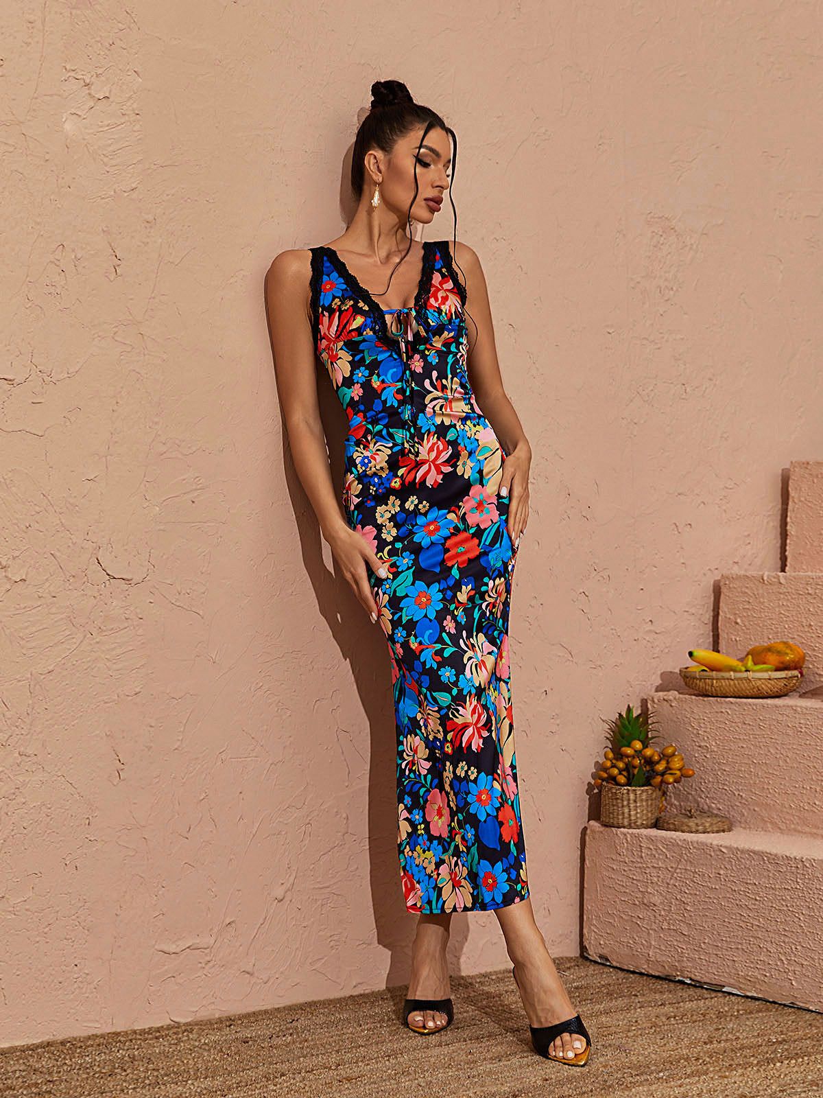 Alaska V Neck Floral Printed Midi Dress In Black sold by Mew Mews product image thumbnail 4