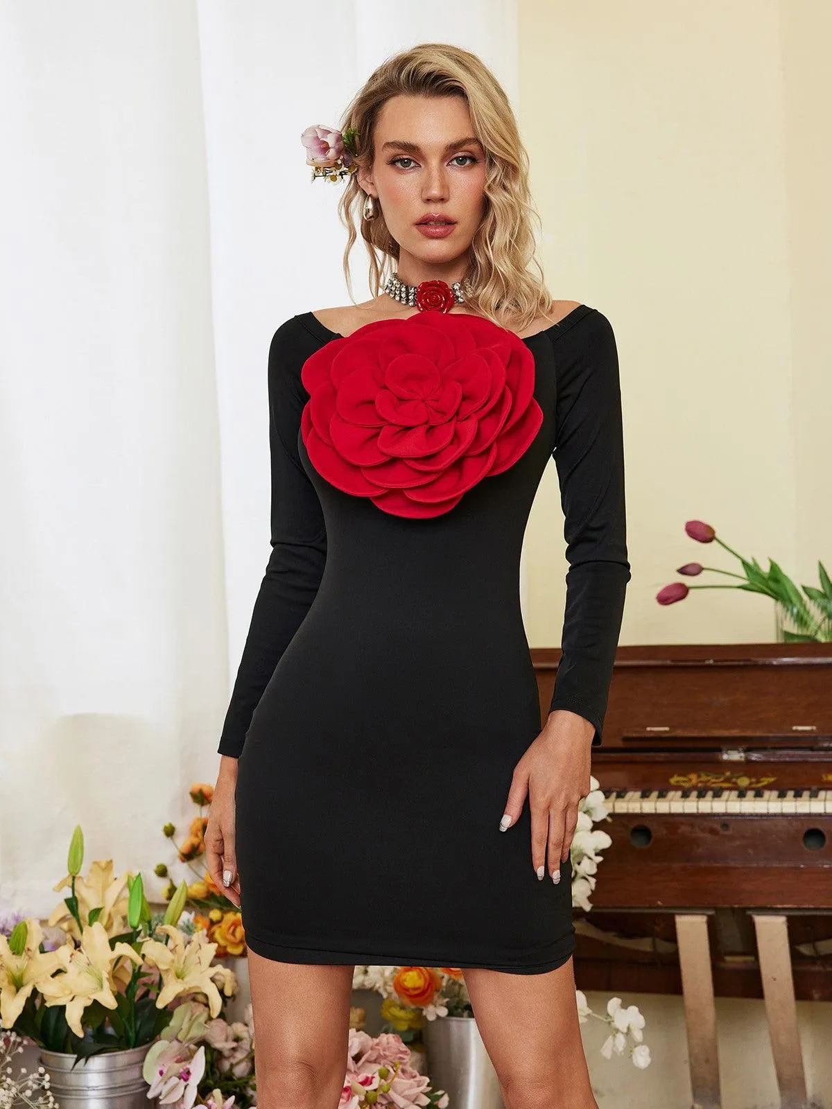 Miyako Long Sleeve Flower Mini Dress sold by Mew Mews product image thumbnail 2