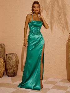 Eleanor Satin Backless Split Maxi Dress In Green sold by Mew Mews
