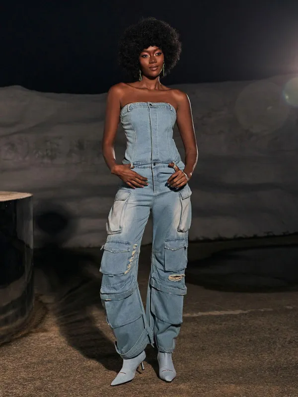 Eden Strapless Pocket Denim Jumpsuit In Blue made by Mew Mews