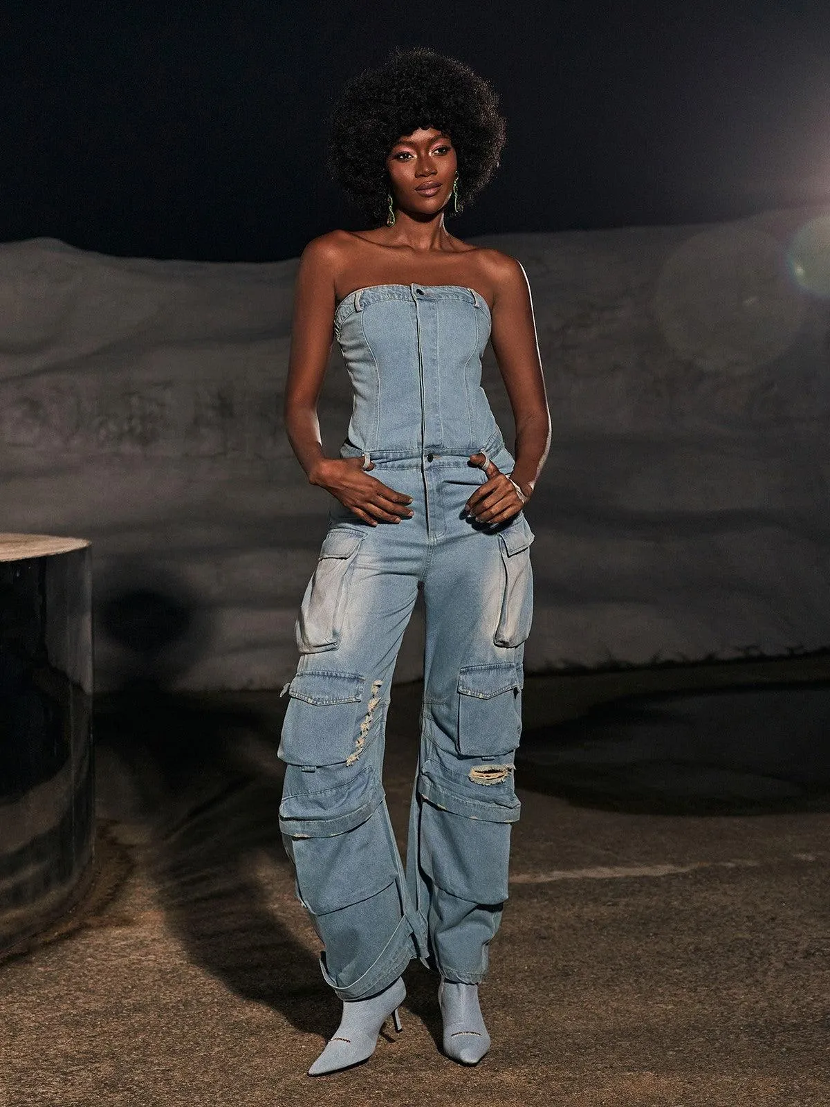 Eden Strapless Pocket Denim Jumpsuit In Blue sold by Mew Mews