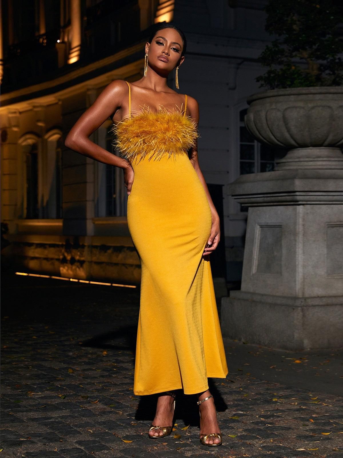 Effy Spaghetti Feather Maxi Dress In Yellow sold by Mew Mews