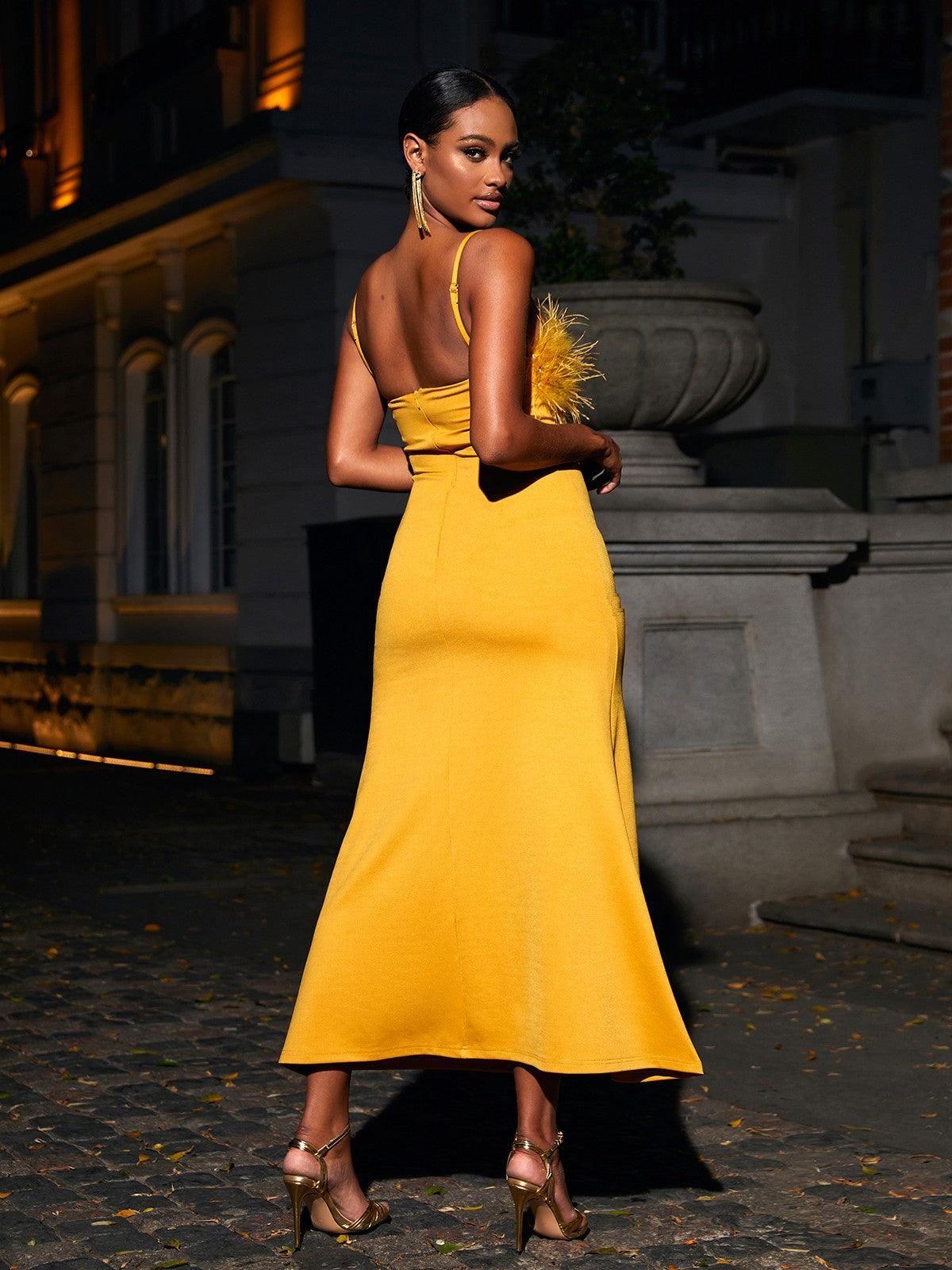 Effy Spaghetti Feather Maxi Dress In Yellow sold by Mew Mews product image thumbnail 6