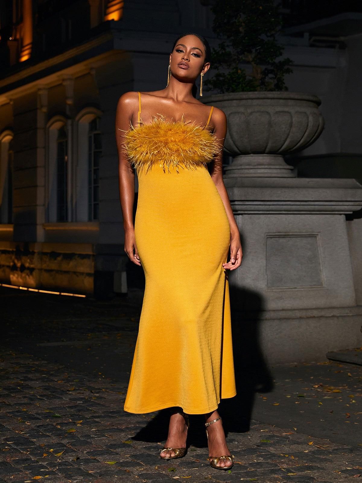 Effy Spaghetti Feather Maxi Dress In Yellow sold by Mew Mews product image thumbnail 5