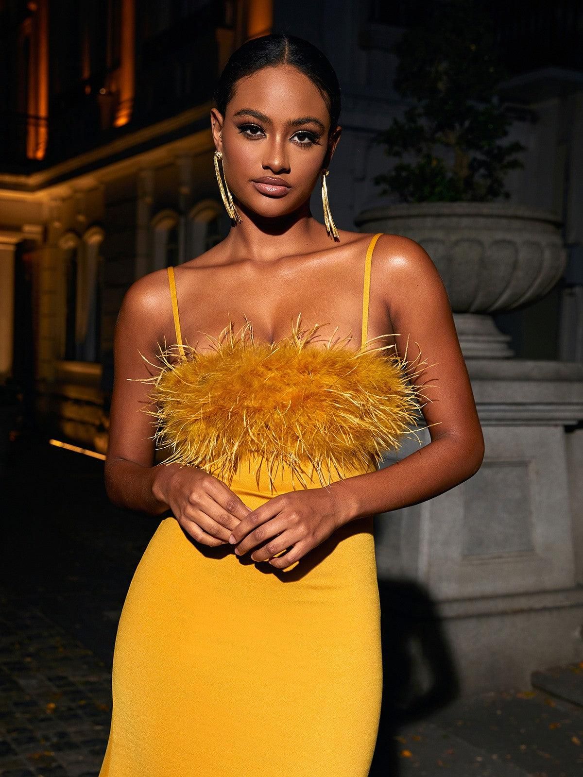 Effy Spaghetti Feather Maxi Dress In Yellow sold by Mew Mews product image thumbnail 4