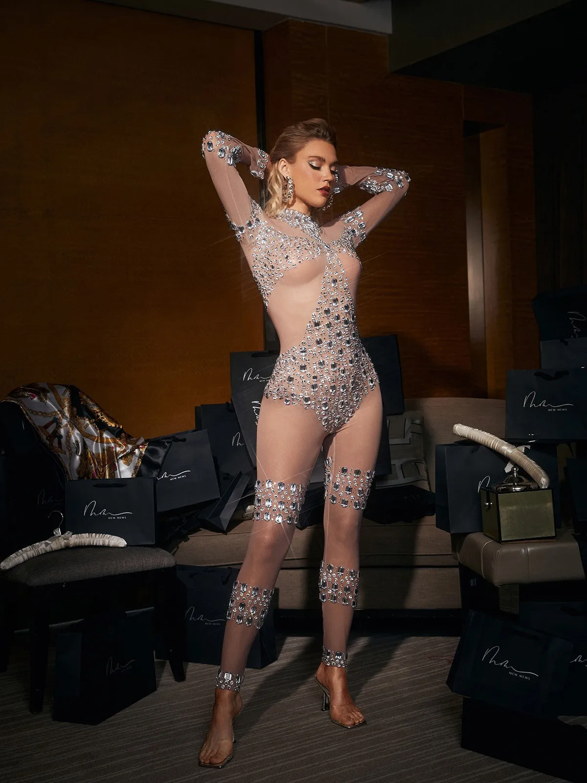 Zelie Rhinestone Embellished Mesh Jumpsuit sold by Mew Mews product image thumbnail 3