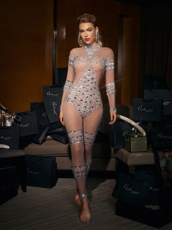 Zelie Rhinestone Embellished Mesh Jumpsuit sold by Mew Mews