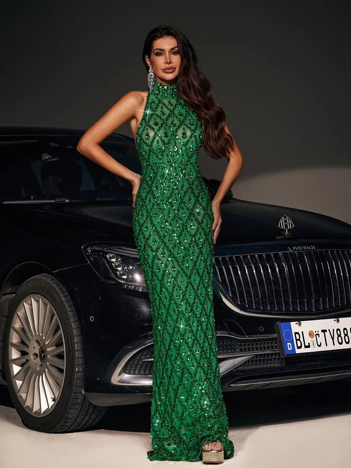 Liora Sequin Crystal Maxi Dress In Green sold by Mew Mews