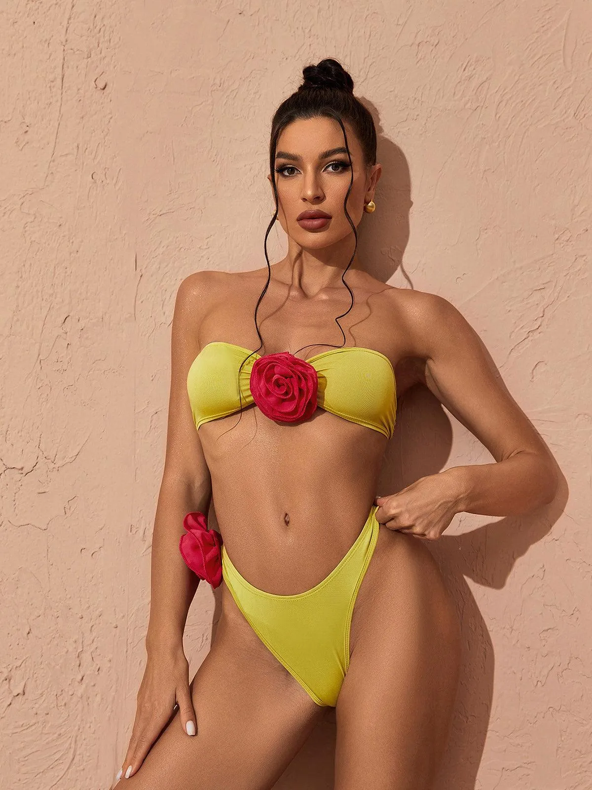 Luz Strapless Rose Bikini Two Piece Set In Green sold by Mew Mews